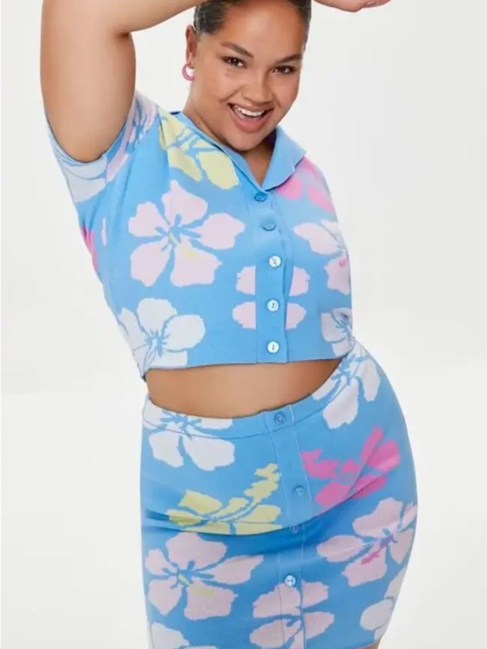 Forever 21 Blue Floral Knit Skirt Set with Pink and Yellow Accents